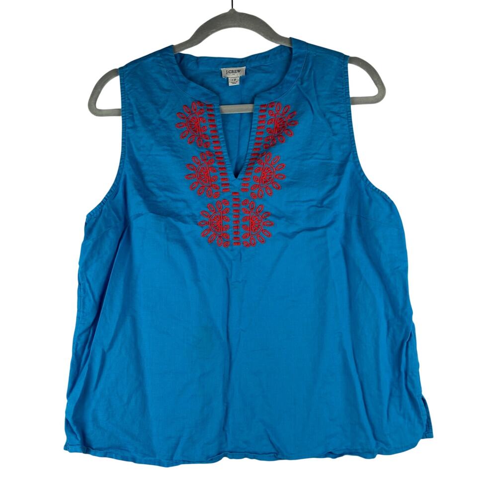 J.Crew Sleeveless Blouse Women's 12 Blue Red Embroidered Boho Linen Blend